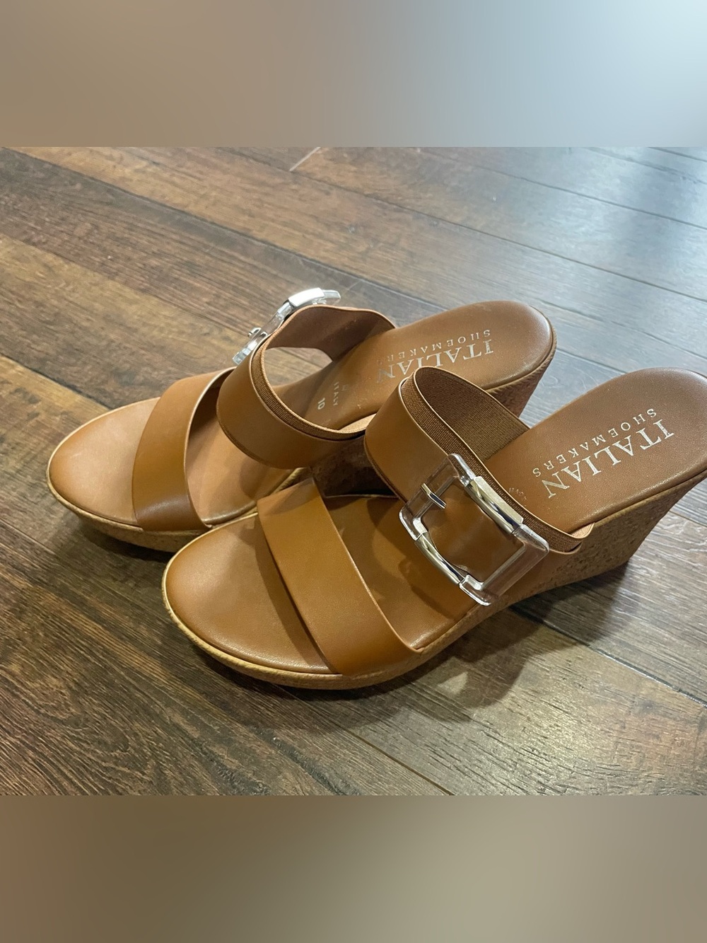 Italian Shoemakers Tan Leather Wedge Sandals with Clear Buckle - Picture 5 of 11